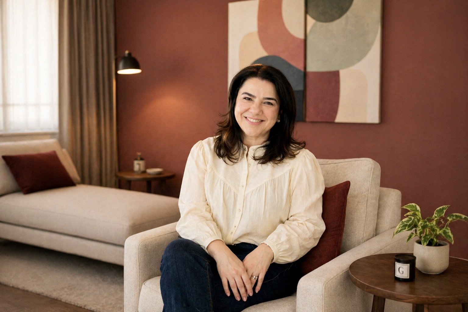 Daniela Risso em ambiente acolhedor do consultório